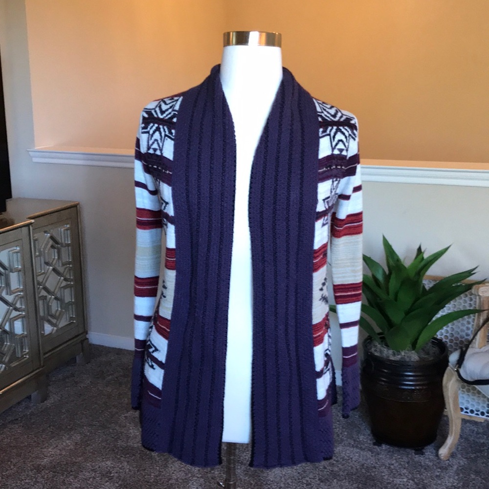 BCBG Maxazria Tribe Aztec Southwest Knit Long Cardigan Sweater Large